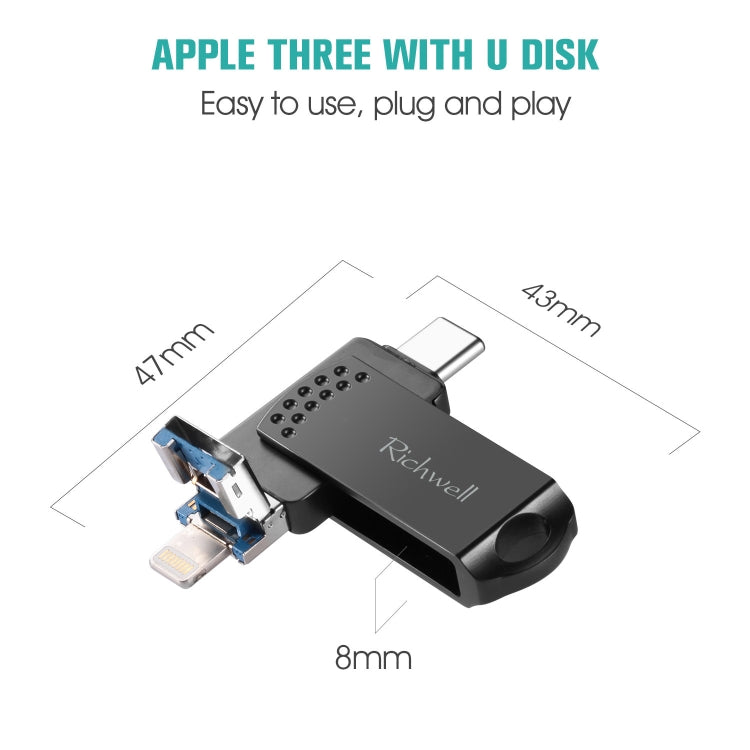 Richwell 128G Type-C + 8 Pin + USB 3.0 Metal Flash Disk with OTG Function(Silver) - free shipping - PMC Jewellery - Order now!