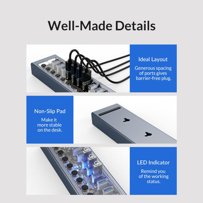 ORICO AT2U3-10AB-GY-BP 10 Ports USB 3.0 HUB with Individual Switches & Blue LED Indicator, EU Plug - USB 3.0 HUB by ORICO | Online Shopping South Africa | PMC Jewellery | Buy Now Pay Later Mobicred