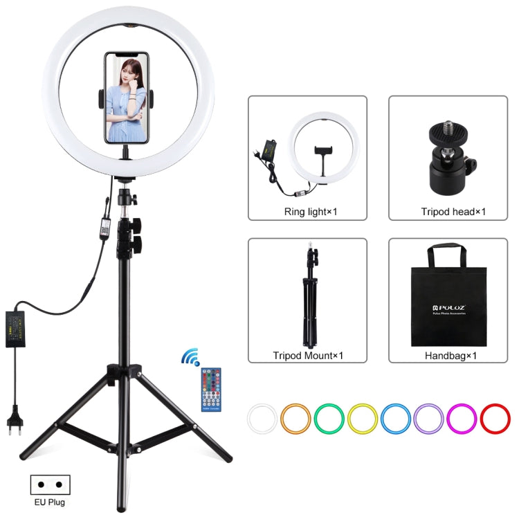 PULUZ 11.8 inch 30cm RGB Light 1.1m Tripod Mount Dimmable LED Ring Vlogging Selfie Photography Video Lights Live Broadcast Kits with Cold Shoe Tripod Ball Head & Phone Clamp(EU Plug) - Ring Light by PULUZ | Online Shopping South Africa | PMC Jewellery | Buy Now Pay Later Mobicred