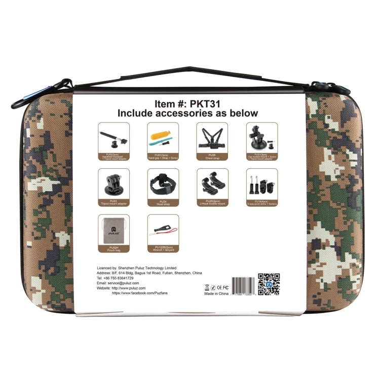 PULUZ 20 in 1 Accessories Combo Kit with Camouflage EVA Case (Chest Strap + Head Strap + Suction Cup Mount + 3-Way Pivot Arm + J-Hook Buckles + Extendable Monopod + Tripod Adapter + Bobber Hand Grip + ... ce Pro, DJI Osmo Action 4 and Other Action Cameras -  by PULUZ | Online Shopping South Africa | PMC Jewellery | Buy Now Pay Later Mobicred