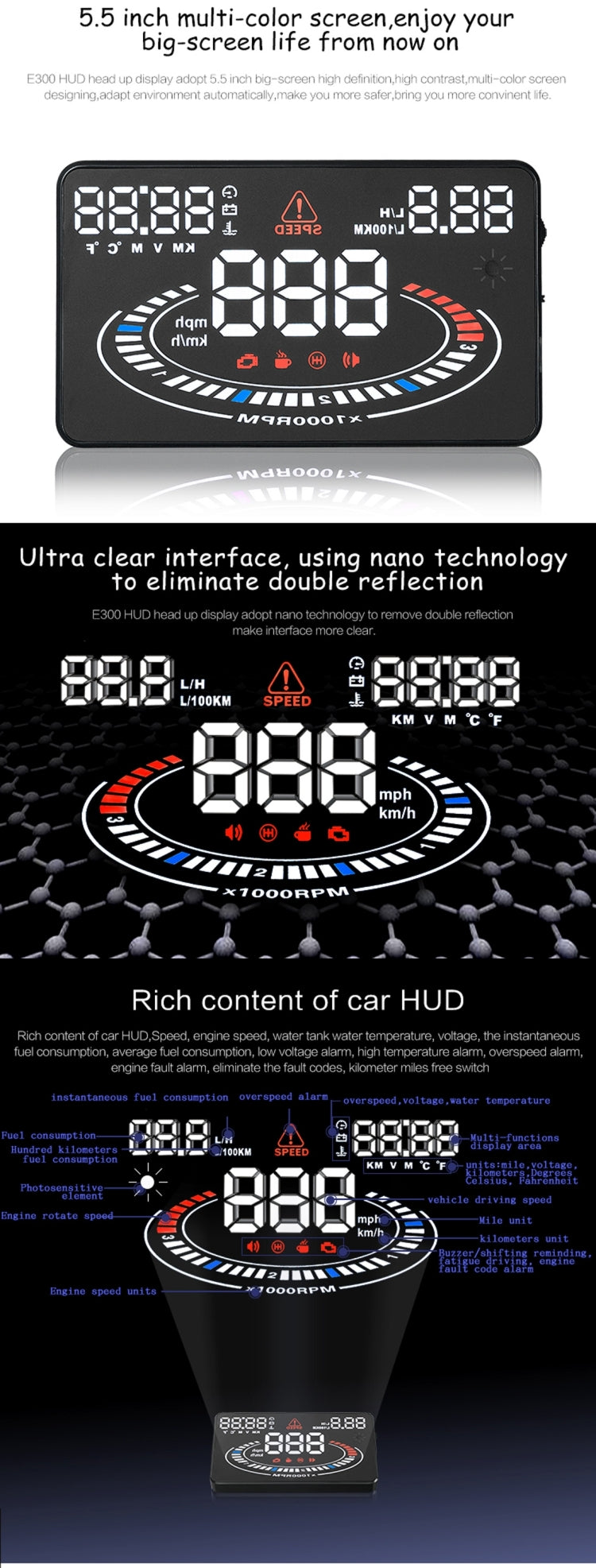 E300 5.5 inch Car OBDII / EUOBD HUD Vehicle-mounted Head Up Display Security System, Support Speed & Fuel Consumption, Overspeed Alarm,  Fuel Consumption, Water Temperature, etc.(Black) - Head Up Display System by PMC Jewellery | Online Shopping South Africa | PMC Jewellery | Buy Now Pay Later Mobicred