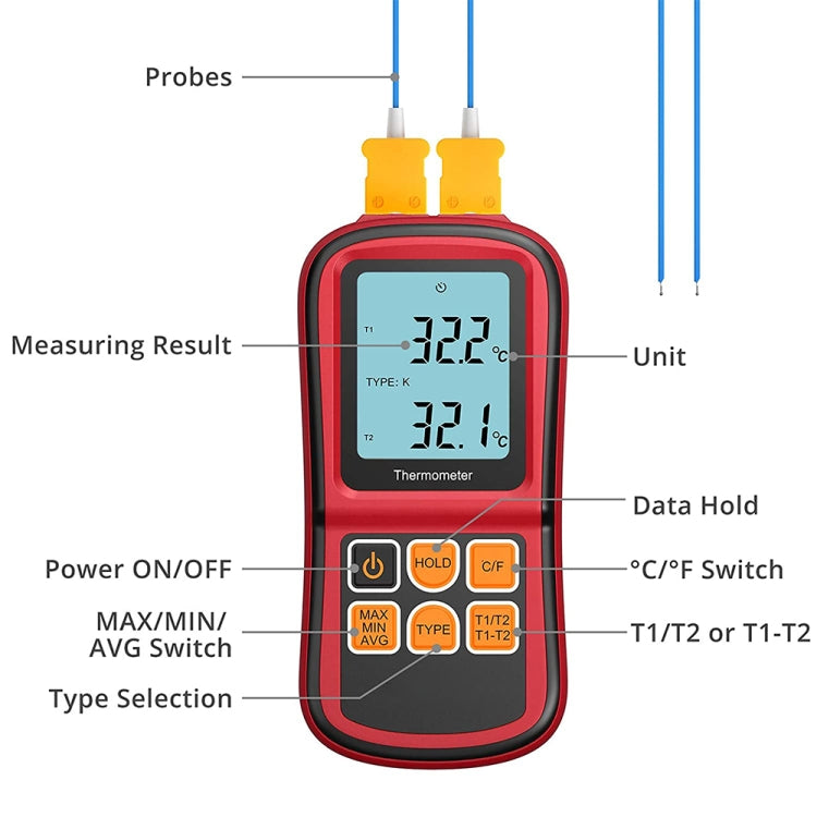 BENETECH GM1312 2.4 inch LCD Screen Thermocouple Thermometer Measure J,K,T,E,N and R Type, Measure Range: -50~300C - Thermostat & Thermometer by BENETECH | Online Shopping South Africa | PMC Jewellery | Buy Now Pay Later Mobicred