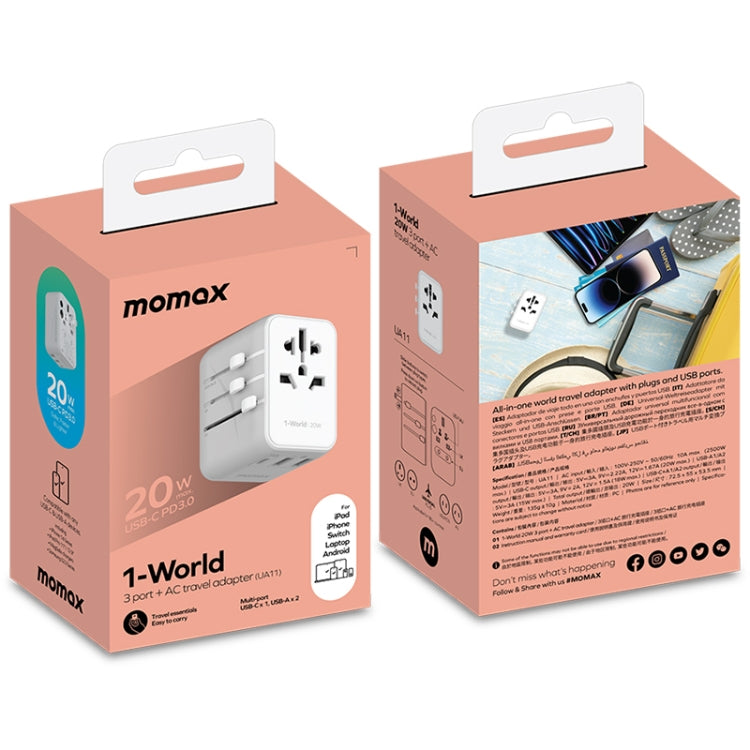 MOMAX UA11 1-World 20W PD Global Travel Fast Charger Power Adapter(White) - Plug Adaptor by MOMAX | Online Shopping South Africa | PMC Jewellery | Buy Now Pay Later Mobicred