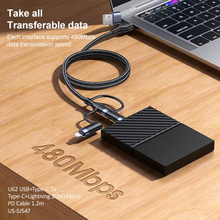 USAMS US-SJ547 U62 USB + Type-C / USB-C toType-C / USB-C + 8 Pin + Micro Aluminum Alloy PD Fast Charging Data Cable, Length: 1.2m(Black) - Multifunction Cable by USAMS | Online Shopping South Africa | PMC Jewellery | Buy Now Pay Later Mobicred