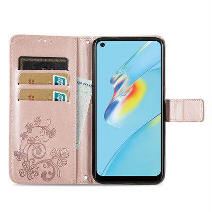 For OPPO A54  4G Four-leaf Clasp Embossed Buckle Mobile Phone Protection Leather Case with Lanyard & Card Slot & Wallet & Bracket Function(Rose Gold) - OPPO Cases by PMC Jewellery | Online Shopping South Africa | PMC Jewellery