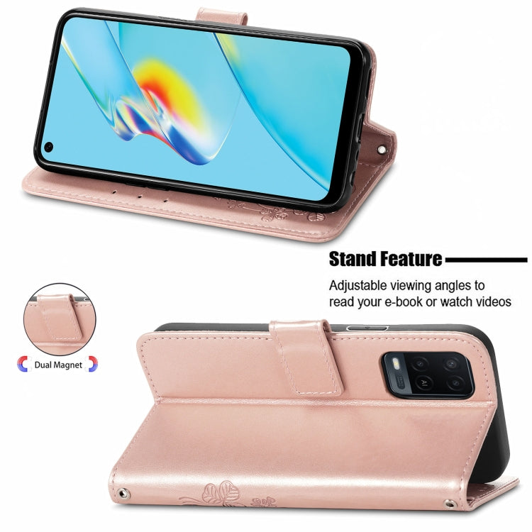 For OPPO A54  4G Four-leaf Clasp Embossed Buckle Mobile Phone Protection Leather Case with Lanyard & Card Slot & Wallet & Bracket Function(Rose Gold) - OPPO Cases by PMC Jewellery | Online Shopping South Africa | PMC Jewellery