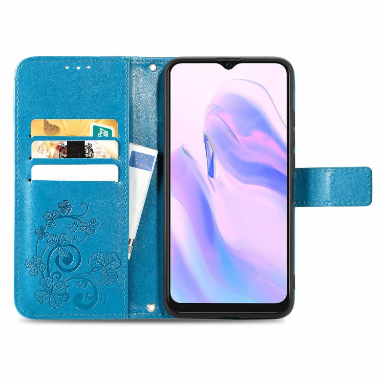 For Blackview A70 Four-leaf Clasp Embossed Buckle Mobile Phone Protection Leather Case with Lanyard & Card Slot & Wallet & Bracket Function(Blue) - More Brand by PMC Jewellery | Online Shopping South Africa | PMC Jewellery | Buy Now Pay Later Mobicred