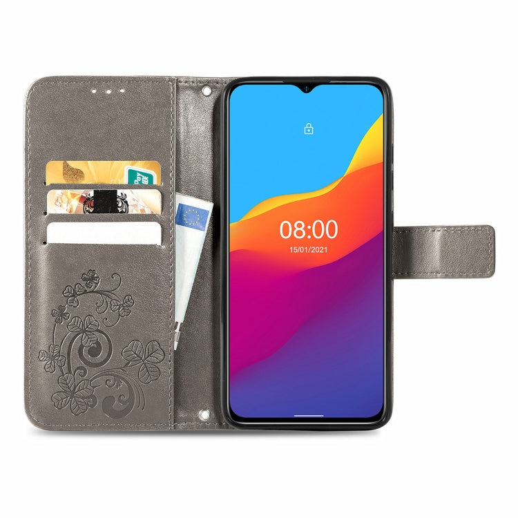 For Ulefone Note 10 Four-leaf Clasp Embossed Buckle Mobile Phone Protection Leather Case with Lanyard & Card Slot & Wallet & Bracket Function(Gray) - Ulefone Cases by PMC Jewellery | Online Shopping South Africa | PMC Jewellery | Buy Now Pay Later Mobicred