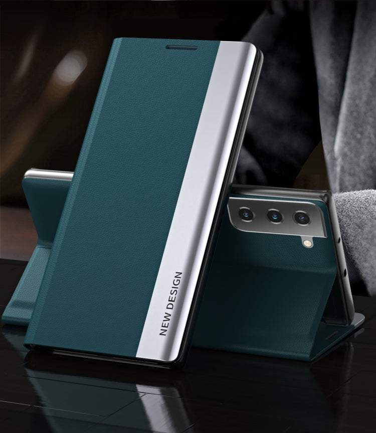 For Samsung Galaxy S21+ 5G Side Electroplated Magnetic Ultra-Thin Horizontal Flip Leather Case with Holder(Green) - Galaxy S21+ 5G Cases by PMC TechLife | Online Shopping South Africa | PMC TechLife