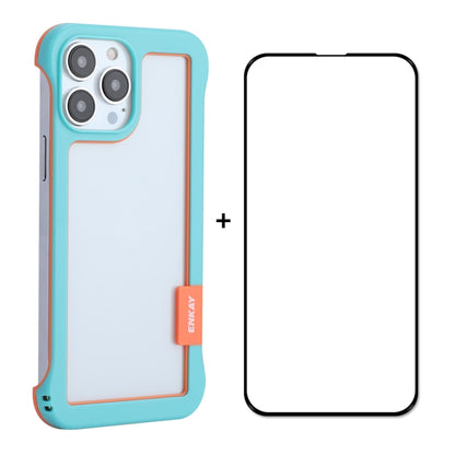 For iPhone 13 Pro Max ENKAY Frameless Hollow PC Case + Glass Film (Blue) - iPhone 13 Pro Max Cases by ENKAY | Online Shopping South Africa | PMC Jewellery | Buy Now Pay Later Mobicred