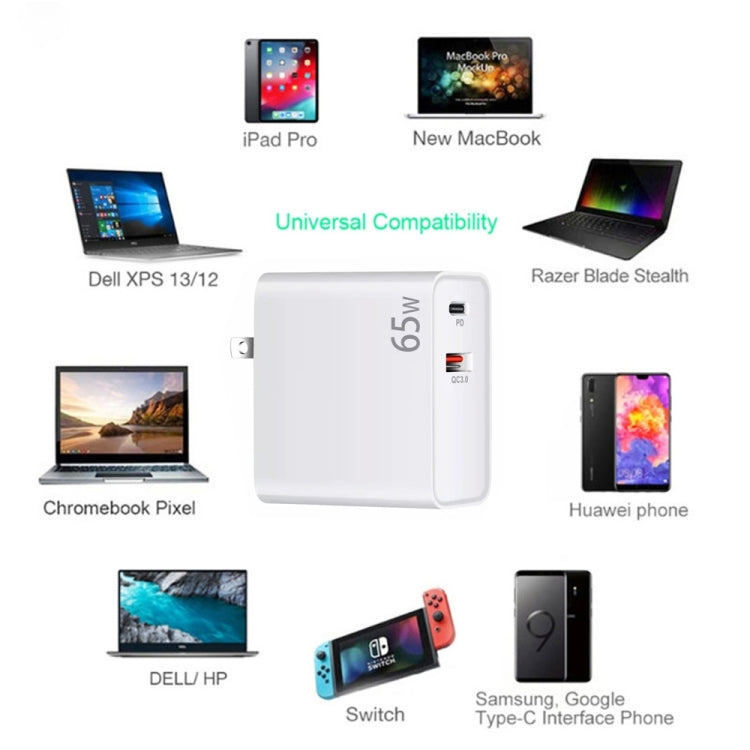 PD-65W USB-C / Type-C + QC3. 0 USB Laptop Charging Adapter + 1.8m USB-C / Type-C to MagSafe 1 / L Head Data Cable, US Plug(White) - Cable & Adapter by PMC Jewellery | Online Shopping South Africa | PMC Jewellery | Buy Now Pay Later Mobicred
