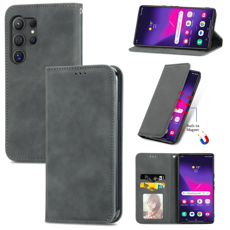 For Samsung Galaxy S24 Ultra 5G Retro Skin Feel Magnetic Leather Phone Case(Gray) - Galaxy S24 Ultra 5G Cases by PMC Jewellery | Online Shopping South Africa | PMC Jewellery