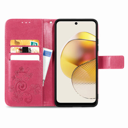 For Motorola Moto G73 Four-leaf Clasp Embossed Buckle Leather Phone Case(Magenta) - Motorola Cases by PMC Jewellery | Online Shopping South Africa | PMC Jewellery | Buy Now Pay Later Mobicred