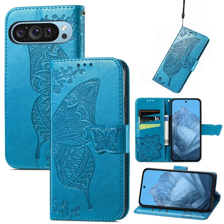 For Google Pixel 9 Butterfly Love Flower Embossed Leather Phone Case(Blue) - Google Cases by PMC Jewellery | Online Shopping South Africa | PMC Jewellery | Buy Now Pay Later Mobicred