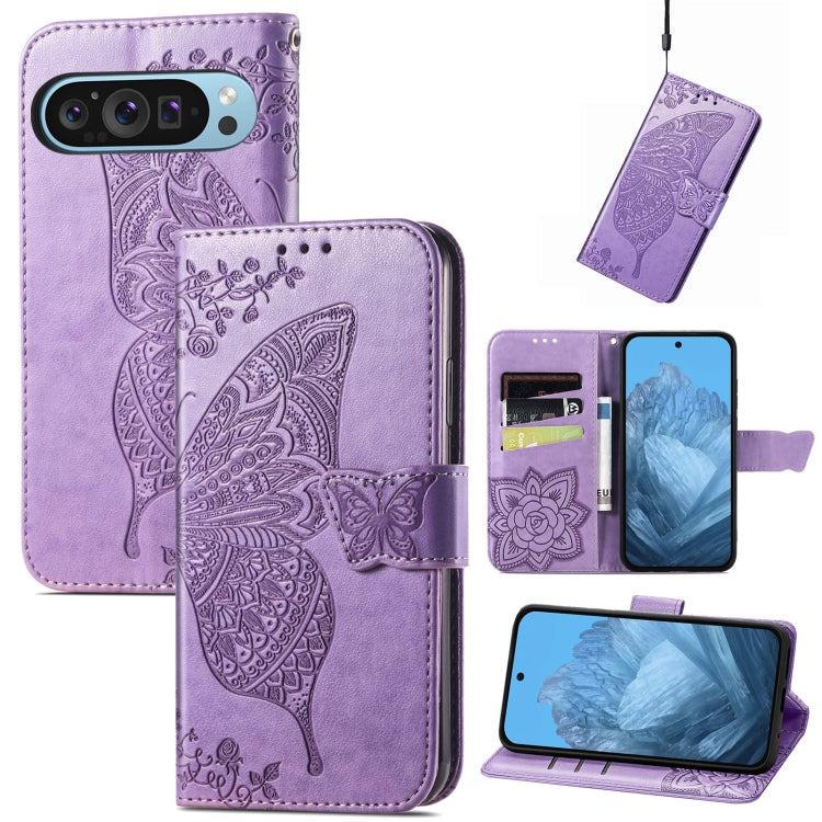 For Google Pixel 9 Butterfly Love Flower Embossed Leather Phone Case(Light Purple) - Google Cases by PMC Jewellery | Online Shopping South Africa | PMC Jewellery | Buy Now Pay Later Mobicred