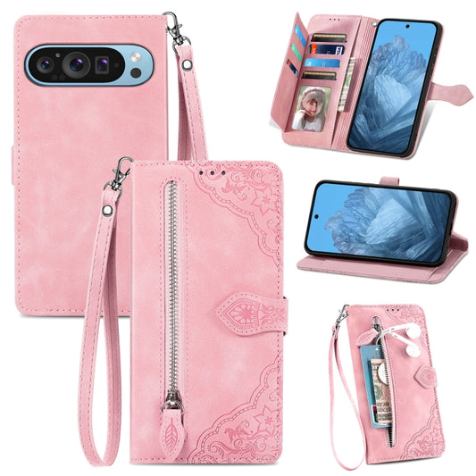 For Google Pixel 9 Embossed Flower Zipper Leather Phone Case(Pink) - Google Cases by PMC Jewellery | Online Shopping South Africa | PMC Jewellery | Buy Now Pay Later Mobicred