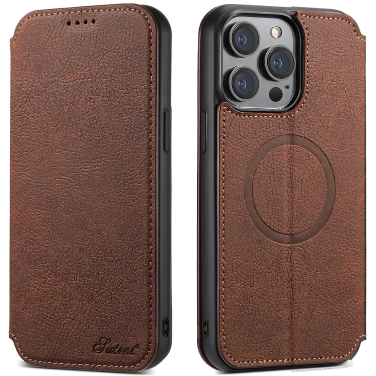 For iPhone 12/12 Pro Suteni J06 Retro Matte Litchi Texture Leather Magnetic Magsafe Phone Case(Brown) - iPhone 12 / 12 Pro Cases by Suteni | Online Shopping South Africa | PMC Jewellery | Buy Now Pay Later Mobicred