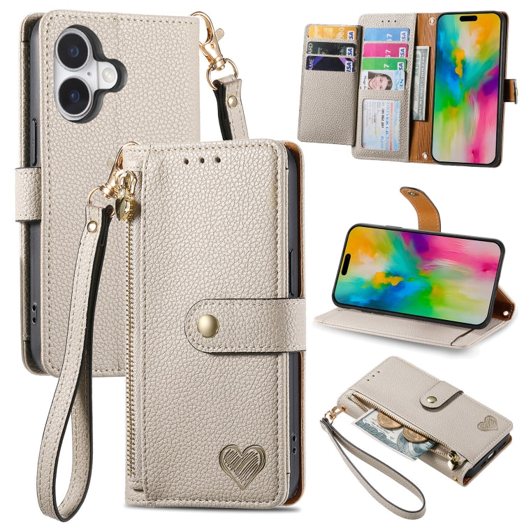 For iPhone 16 Plus Love Zipper Lanyard Leather Phone Case(Gray) - iPhone 16 Plus Cases by PMC Jewellery | Online Shopping South Africa | PMC Jewellery | Buy Now Pay Later Mobicred