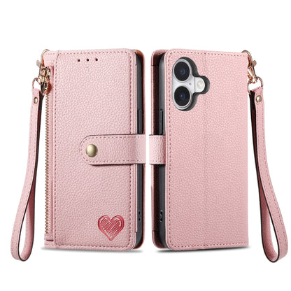 For iPhone 16 Pro Love Zipper Lanyard Leather Phone Case(Pink) - iPhone 16 Pro Cases by PMC Jewellery | Online Shopping South Africa | PMC Jewellery | Buy Now Pay Later Mobicred