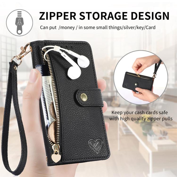 For iPhone 16e Love Zipper Lanyard Leather Phone Case(Black) - iPhone 16e Cases by PMC TechLife | Online Shopping South Africa | PMC TechLife | Buy Now Pay Later Mobicred