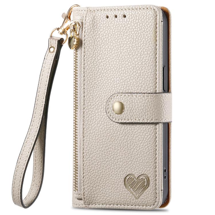 For iPhone 16e Love Zipper Lanyard Leather Phone Case(Gray) - iPhone 16e Cases by PMC TechLife | Online Shopping South Africa | PMC TechLife | Buy Now Pay Later Mobicred