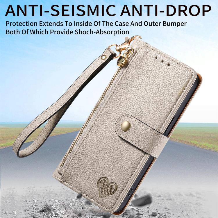 For iPhone 16e Love Zipper Lanyard Leather Phone Case(Gray) - iPhone 16e Cases by PMC TechLife | Online Shopping South Africa | PMC TechLife | Buy Now Pay Later Mobicred