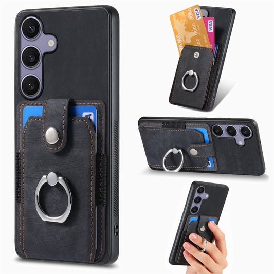 For Samsung Galaxy S25+ 5G Retro Skin-feel Ring Card Wallet Phone Case(Black) - Galaxy S25+ 5G Cases by PMC Jewellery | Online Shopping South Africa | PMC Jewellery | Buy Now Pay Later Mobicred