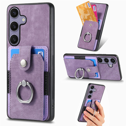 For Samsung Galaxy S25+ 5G Retro Skin-feel Ring Card Wallet Phone Case(Purple) - Galaxy S25+ 5G Cases by PMC Jewellery | Online Shopping South Africa | PMC Jewellery | Buy Now Pay Later Mobicred