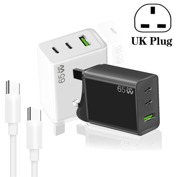 GaN PD65W Type-C x 2 + USB3.0 Charger with Type-C to Type-C Data Cable ,UK Plug(White) - USB Charger by PMC Jewellery | Online Shopping South Africa | PMC Jewellery | Buy Now Pay Later Mobicred