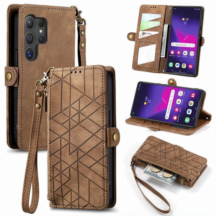 For Samsung Galaxy S25 Ultra 5G Geometric Zipper Wallet Side Buckle Leather Phone Case(Brown) - Galaxy S25 Ultra 5G Cases by PMC Jewellery | Online Shopping South Africa | PMC Jewellery | Buy Now Pay Later Mobicred