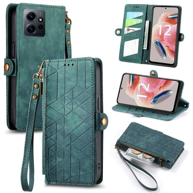 For Xiaomi Redmi Note 12 4G Geometric Zipper Wallet Side Buckle Leather Phone Case(Green) - Xiaomi Cases by PMC Jewellery | Online Shopping South Africa | PMC Jewellery | Buy Now Pay Later Mobicred