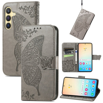 For Samsung Galaxy S25 5G Butterfly Love Flower Embossed Leather Phone Case(Gray) - Galaxy S25 5G Cases by PMC Jewellery | Online Shopping South Africa | PMC Jewellery | Buy Now Pay Later Mobicred