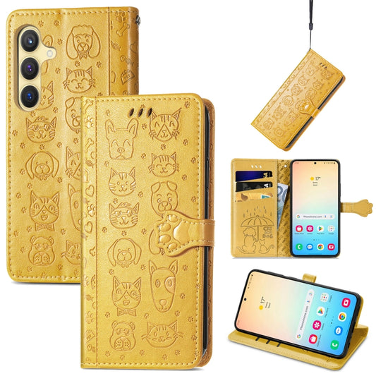 For Samsung Galaxy S25+ 5G Cat and Dog Embossed Leather Phone Case(Yellow) - Galaxy S25+ 5G Cases by PMC Jewellery | Online Shopping South Africa | PMC Jewellery | Buy Now Pay Later Mobicred