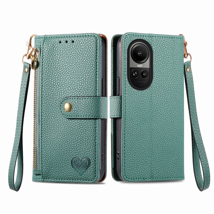 For OPPO Reno10 / 10 Pro Global Love Zipper Lanyard Leather Phone Case(Green) - OPPO Cases by PMC Jewellery | Online Shopping South Africa | PMC Jewellery | Buy Now Pay Later Mobicred