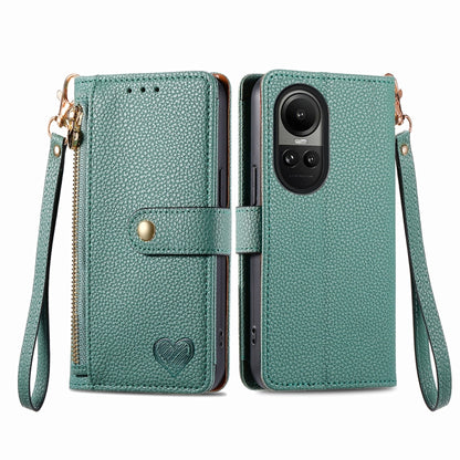 For OPPO Reno10 / 10 Pro Global Love Zipper Lanyard Leather Phone Case(Green) - OPPO Cases by PMC Jewellery | Online Shopping South Africa | PMC Jewellery | Buy Now Pay Later Mobicred