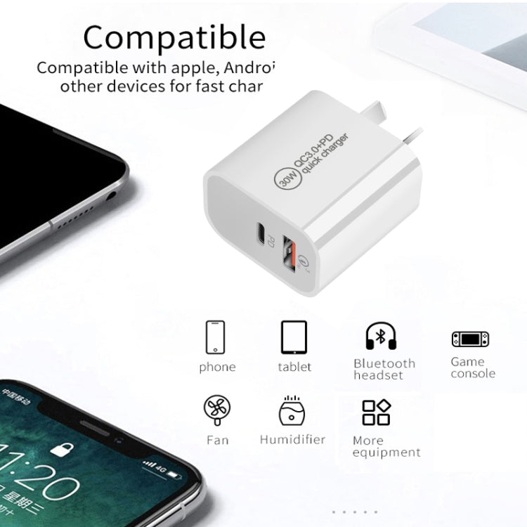 PD30W USB-C / Type-C + QC3.0 USB Dual Port Charger with 1m Type-C to 8 Pin Data Cable, EU Plug - USB Charger by PMC Jewellery | Online Shopping South Africa | PMC Jewellery | Buy Now Pay Later Mobicred