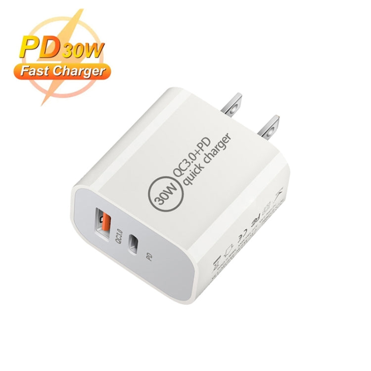 PD30W USB-C / Type-C + QC3.0 USB Dual Port Charger with 1m USB to 8 Pin Data Cable, US Plug - USB Charger by PMC Jewellery | Online Shopping South Africa | PMC Jewellery | Buy Now Pay Later Mobicred