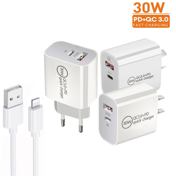PD30W USB-C / Type-C + QC3.0 USB Dual Port Charger with 1m USB to 8 Pin Data Cable, AU Plug - free shipping - PMC Jewellery - Order now!