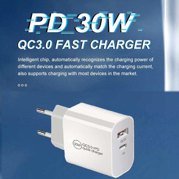 PD30W USB-C / Type-C + QC3.0 USB Dual Port Charger with 1m USB to 8 Pin Data Cable, EU Plug - USB Charger by PMC Jewellery | Online Shopping South Africa | PMC Jewellery | Buy Now Pay Later Mobicred