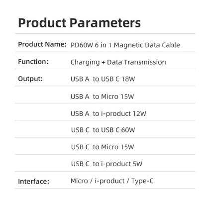 ENKAY 6-in-1 PD60W USB-A / Type-C to Type-C / 8 Pin / Micro USB Magnetic Fast Charging Cable, Cable Length:2m(Black) - Charging Cable & Head by ENKAY | Online Shopping South Africa | PMC Jewellery | Buy Now Pay Later Mobicred