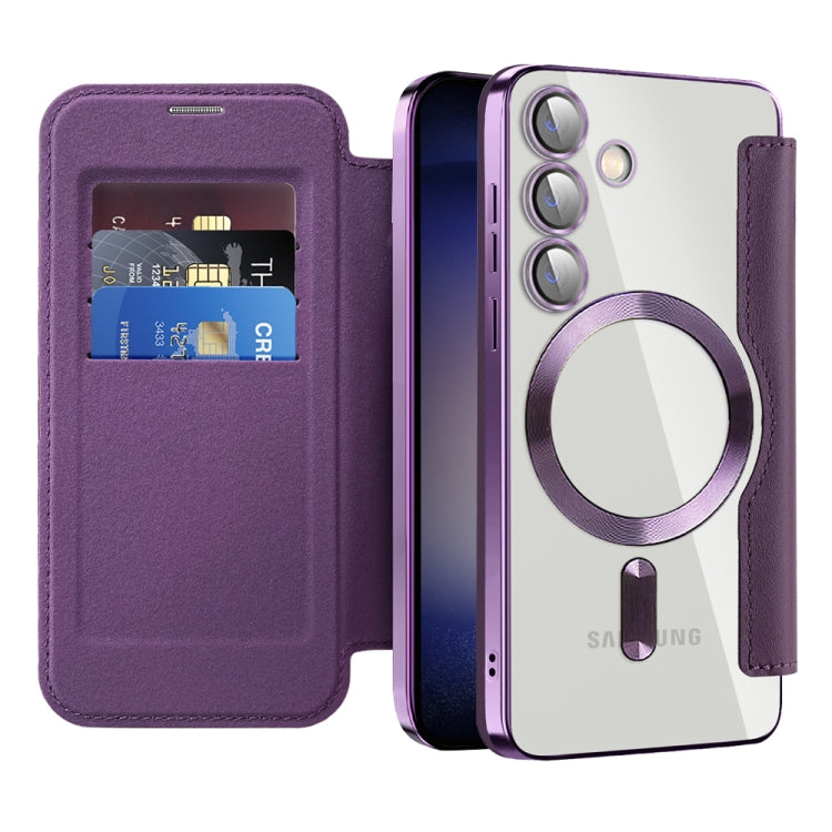 For Samsung Galaxy S25 5G Shield MagSafe RFID Anti-theft Rhombus Leather Phone Case(Purple) - Galaxy S25 5G Cases by PMC Jewellery | Online Shopping South Africa | PMC Jewellery | Buy Now Pay Later Mobicred