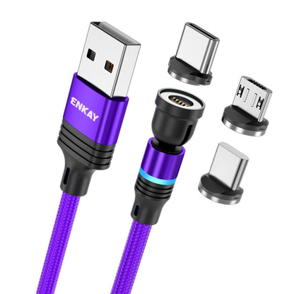 ENKAY 3 in 1 3A USB to Type-C / 8 Pin / Micro USB Magnetic 540 Degrees Rotating Fast Charging Cable, Length:1m(Purplele) - Charging Cable & Head by ENKAY | Online Shopping South Africa | PMC Jewellery | Buy Now Pay Later Mobicred