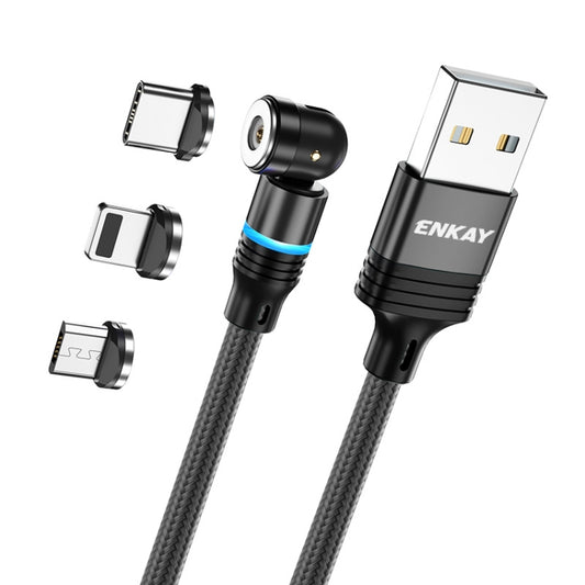 ENKAY 3 in 1 2.4A USB to Type-C / 8 Pin / Micro USB Magnetic 540 Degrees Rotating Charging Cable, Length:2m(Black) - Charging Cable & Head by ENKAY | Online Shopping South Africa | PMC Jewellery | Buy Now Pay Later Mobicred