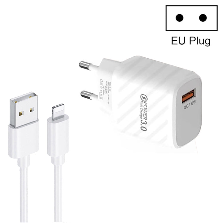 TE-005 QC3.0 18W USB Fast Charger with 1m 3A USB to 8 Pin Cable, EU Plug(White) - USB Charger by PMC Jewellery | Online Shopping South Africa | PMC Jewellery | Buy Now Pay Later Mobicred