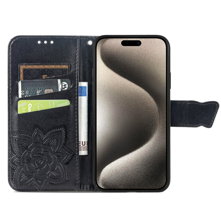 For iPhone 16 Plus Butterfly Love Flower Embossed Leather Phone Case(Black) - iPhone 16 Plus Cases by PMC Jewellery | Online Shopping South Africa | PMC Jewellery | Buy Now Pay Later Mobicred