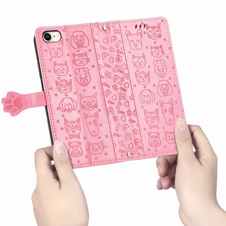 For iPhone 16e Cat and Dog Embossed Leather Phone Case(Pink) - iPhone 16e Cases by PMC TechLife | Online Shopping South Africa | PMC TechLife | Buy Now Pay Later Mobicred