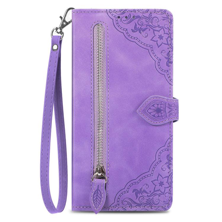 For iPhone 16e Embossed Flower Zipper Leather Phone Case(Purple) - iPhone 16e Cases by PMC TechLife | Online Shopping South Africa | PMC TechLife | Buy Now Pay Later Mobicred