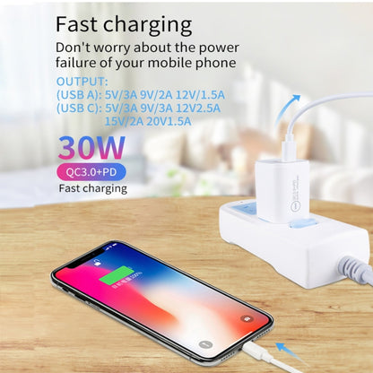 PD30W USB-C / Type-C + QC3.0 USB Charger with 1m USB to 8 Pin Data Cable, AU Plug(White) - USB Charger by PMC Jewellery | Online Shopping South Africa | PMC Jewellery | Buy Now Pay Later Mobicred