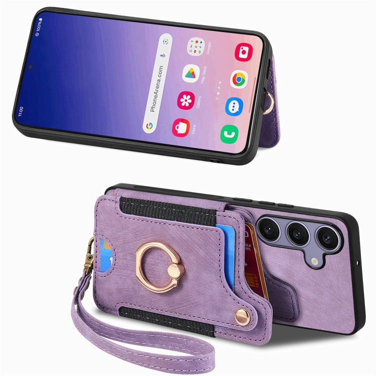 For Samsung Galaxy S25+ 5G Retro Skin-feel Ring Multi-card Wallet Phone Case(Purple) - Galaxy S25+ 5G Cases by PMC Jewellery | Online Shopping South Africa | PMC Jewellery | Buy Now Pay Later Mobicred