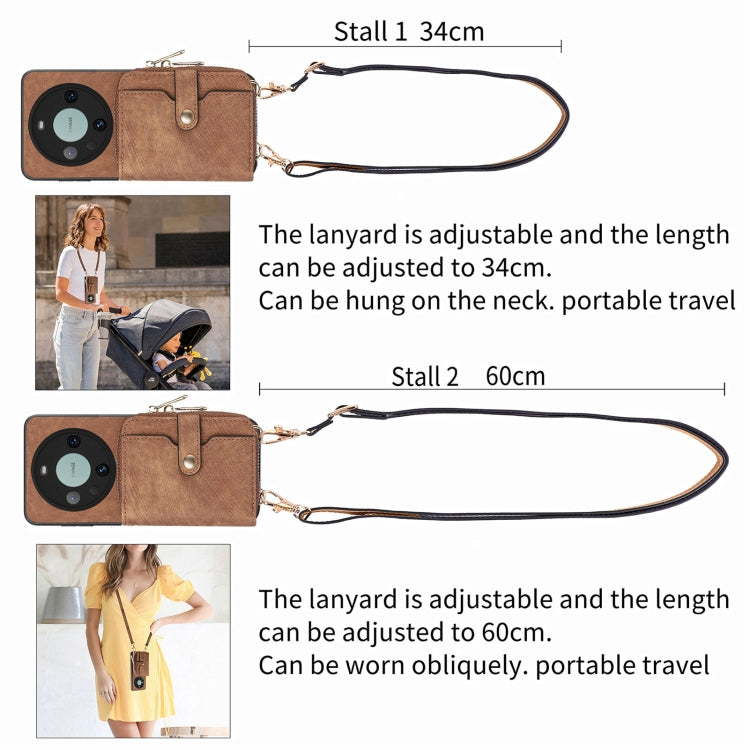 For Huawei Mate 60 Pro Crossbody Multi-function Zipper Wallet Phone Case(Brown) - Huawei Cases by PMC TechLife | Online Shopping South Africa | PMC TechLife | Buy Now Pay Later Mobicred